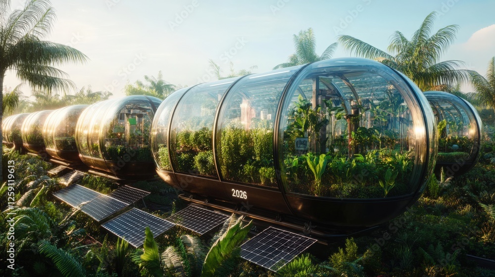 A Futuristic Greenhouse Design: An Innovative Eco-Friendly Structure Utilizing Solar Power Surrounded by Lush Tropical Vegetation A Futuristic Greenhouse Design: An Innovative Eco-Friendly Structure Utilizing Solar Power Surrounded by Lush Tropical Vegetation