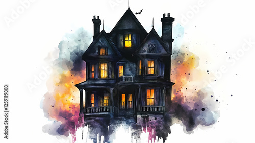 A haunted house with spectral lights and shadows, frightening effect, watercolor art, isolated on white background. Haunted Relics. Illustration photo