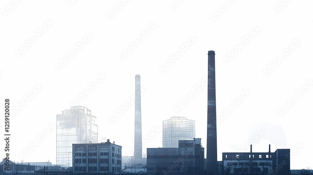 A haunting view of an abandoned industrial site with deteriorating buildings and smokestacks against a stark white background. Haunted Relics. Illustration A haunting view of an abandoned industrial site with deteriorating buildings and smokestacks against a stark white background. Haunted Relics. Illustration