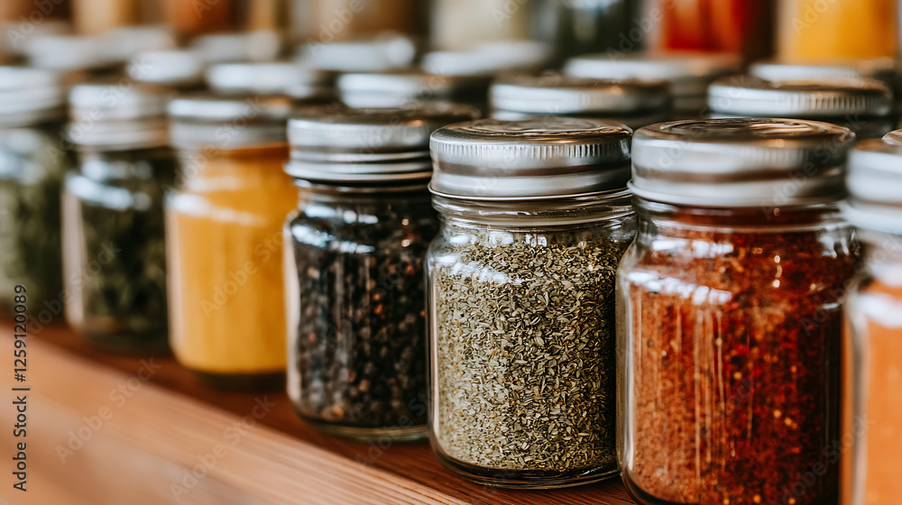 Colorful Spices and Herbs in Glass Jars on Wooden Shelf Colorful Spices and Herbs in Glass Jars on Wooden Shelf
