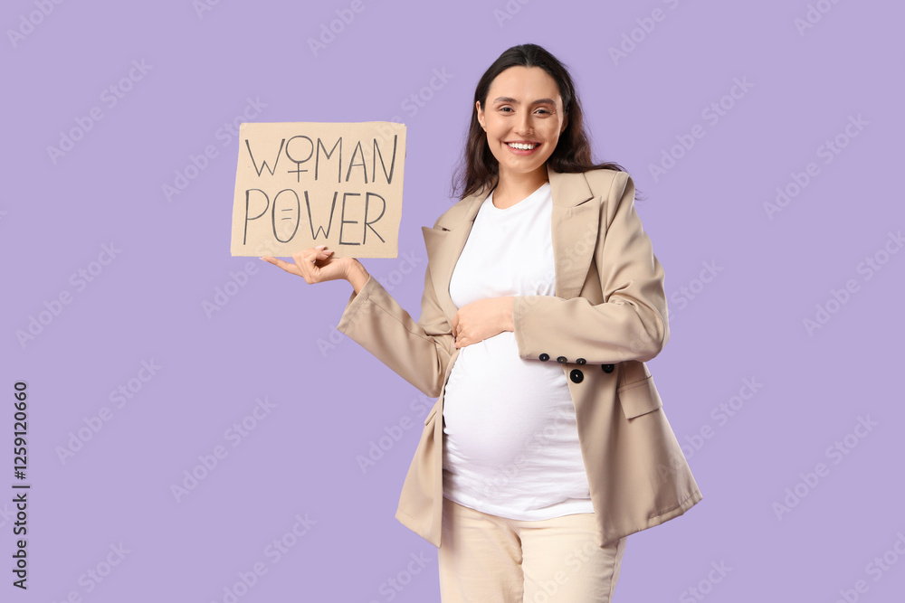 Εκτύπωση καμβά Young pregnant woman with placard on lilac background