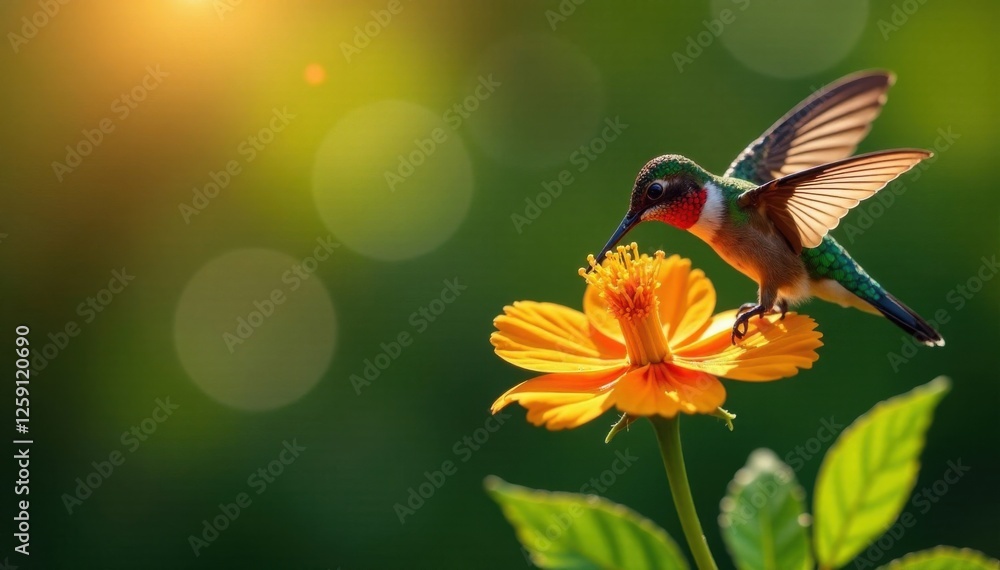 Fototapeta premium Hummingbirds sipping nectar from orange flowers, nature, hummingbirds, bird species