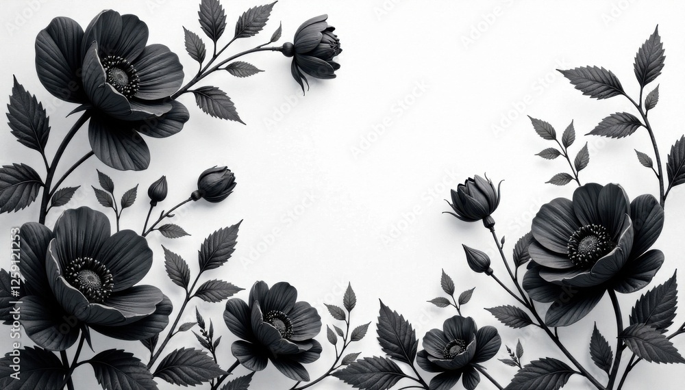 Intricate black florals and foliage in soft shades of gray, black, pattern, wallpaper Intricate black florals and foliage in soft shades of gray, black, pattern, wallpaper