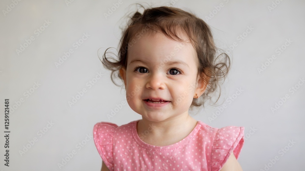Little girl with a big smile. She has curly brown hair and is wearing a pink dress Little girl with a big smile. She has curly brown hair and is wearing a pink dress