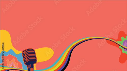 Vintage Microphone with Colorful Sound Waves on Abstract Red Background