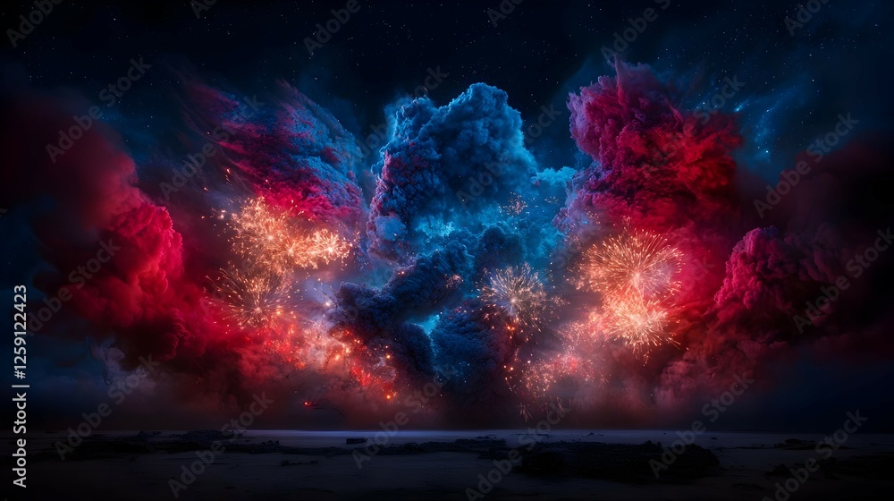Fototapeta premium Colorful Fireworks Display Against Dark Clouds At Night