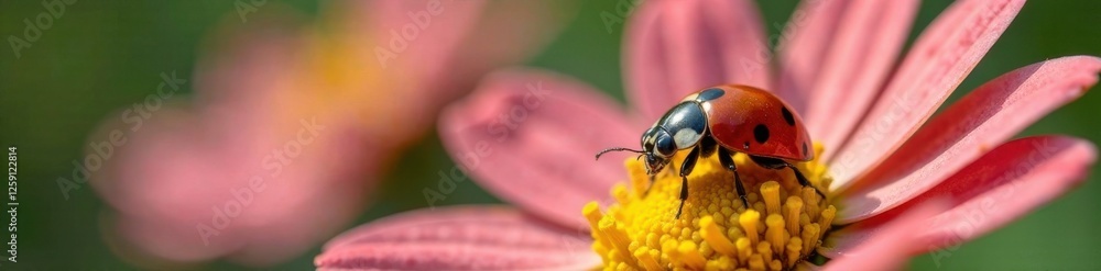 Ladybug resting on a daisy petal, gentle, peaceful, calm Ladybug resting on a daisy petal, gentle, peaceful, calm