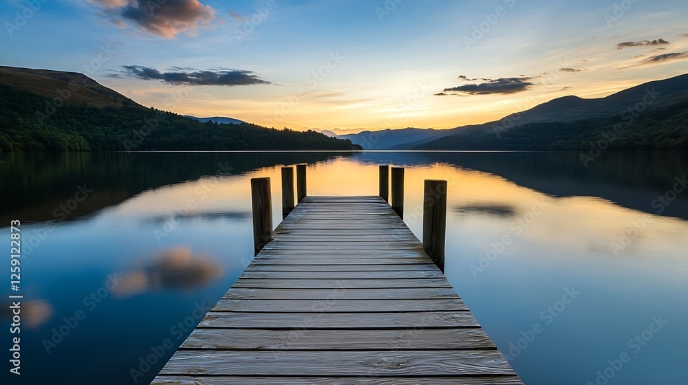 Fototapeta premium Picturesque wooden dock extending into a serene lake surrounded by mountains at sunset : Generative AI