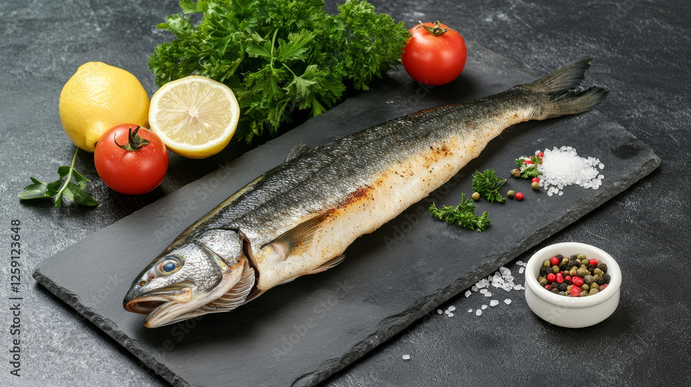 Fresh seabass fish on stone black table with spices, herbs, lemon, tomatoes. Culinary background.. Fresh seabass fish on stone black table with spices, herbs, lemon, tomatoes. Culinary background..