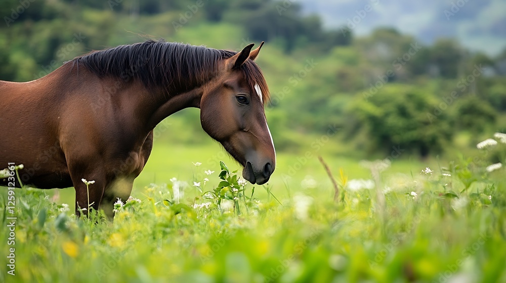 Majestic Horse Grazing in a Lush Green Meadow Under Blue Sky with Soft Clouds : Generative AI Majestic Horse Grazing in a Lush Green Meadow Under Blue Sky with Soft Clouds : Generative AI