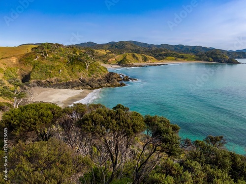 Tranquil coastal scene. Waves lap a sandy beach, nestled amongst lush greenery. A lone person stand-up paddleboards in the turquoise water. Elliot Bay, Rawhiti, Northland, New Zealand