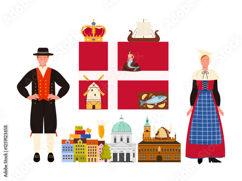 Travel to Denmark. Infographic poster collage with giant flag and Danish culture elements, food and landmarks, Danes man and woman in national costumes and kings crown cartoon vector illustration