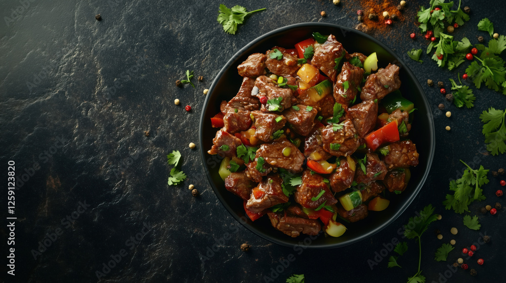 Cubed Steak Pieces Mixed with Chopped Vegetables, Surrounded by Coriander Leaves and Spices, Placed on a Dark Granite Background with Space for Text in the Upper Right Corner, Copy Space Cubed Steak Pieces Mixed with Chopped Vegetables, Surrounded by Coriander Leaves and Spices, Placed on a Dark Granite Background with Space for Text in the Upper Right Corner, Copy Space