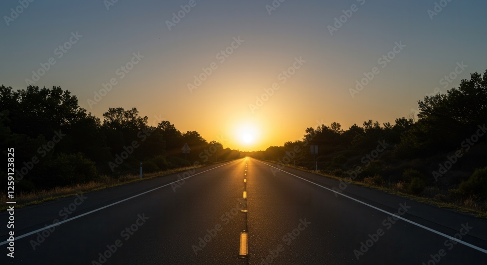Fototapeta premium Driving Into the Sunset a Road Trip Adventure at Twilight