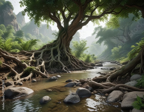 Lush green foliage with roots exposed in a riverbed , organic, growth, decay photo