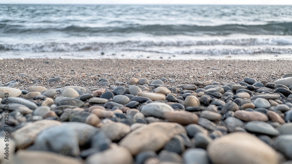 Close Up of Smooth Pebbles on Beachside with Gentle Ocean Waves in Background : Generative AI Close Up of Smooth Pebbles on Beachside with Gentle Ocean Waves in Background : Generative AI