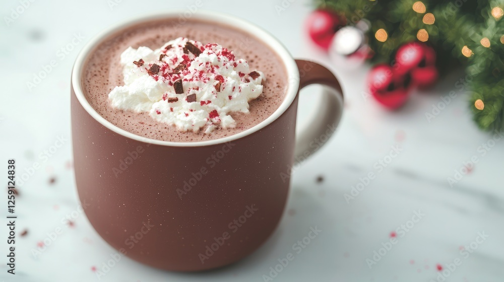 Festive hot chocolate drink on white marble Festive hot chocolate drink on white marble