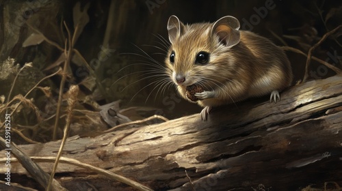 Small rodent eating on a log in the forest.