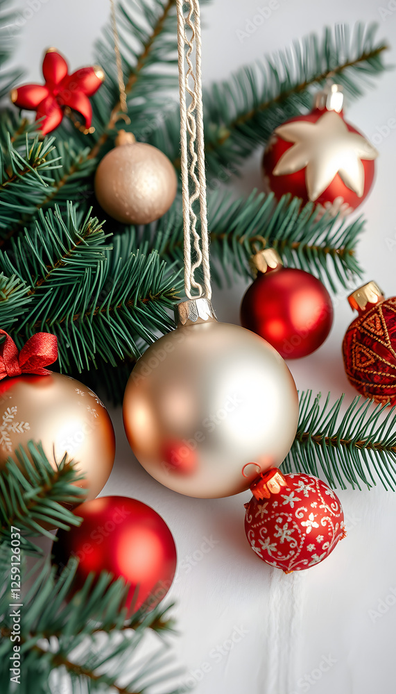 Collection Of Xmas Ornaments With Copy Space, magazine photoshoot. with white shades Collection Of Xmas Ornaments With Copy Space, magazine photoshoot. with white shades