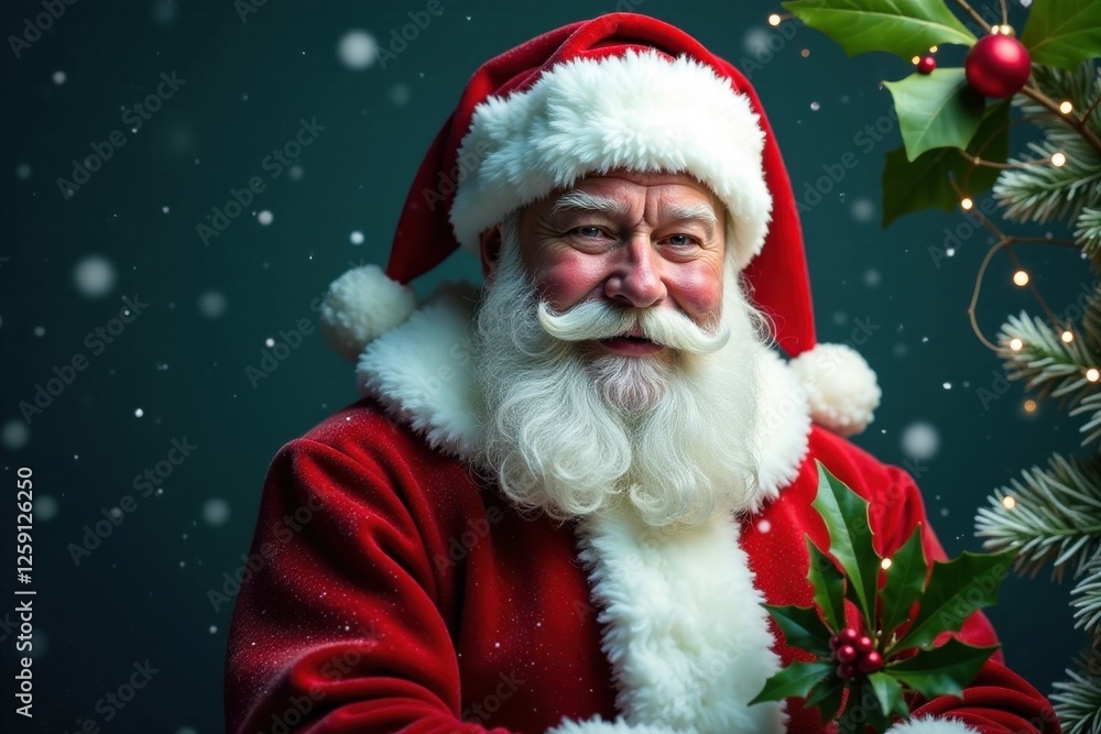 Jolly Santa Claus surrounded by snowflakes and holly leaves, graphic design, holly leaves, red cloak Jolly Santa Claus surrounded by snowflakes and holly leaves, graphic design, holly leaves, red cloak