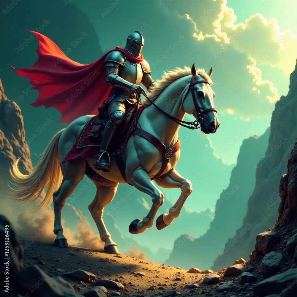 Fototapeta premium Knight's mighty steed charges into dragon's lair , beast, dragon, battle