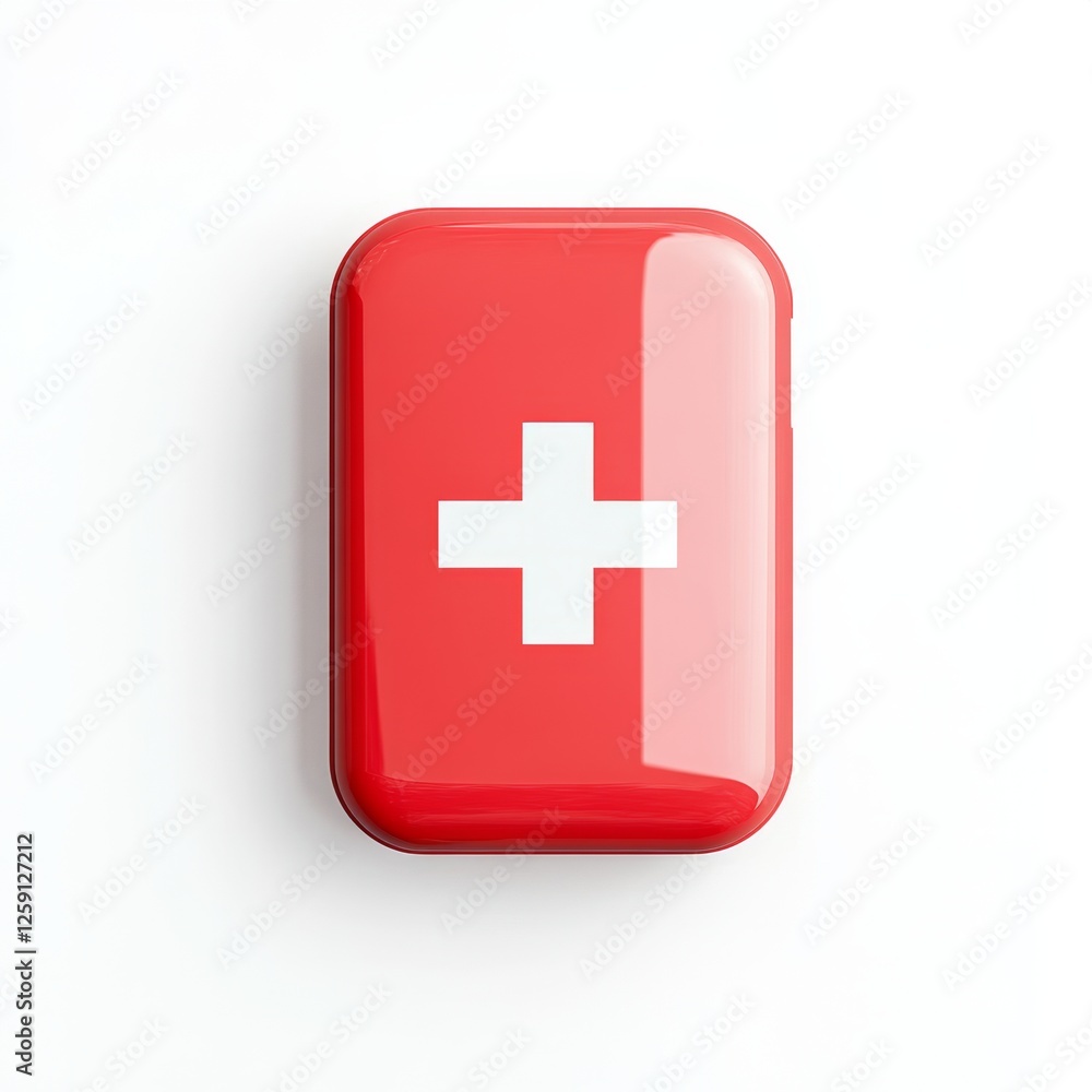 Red first-aid kit box, top view, white background, blank space Red first-aid kit box, top view, white background, blank space