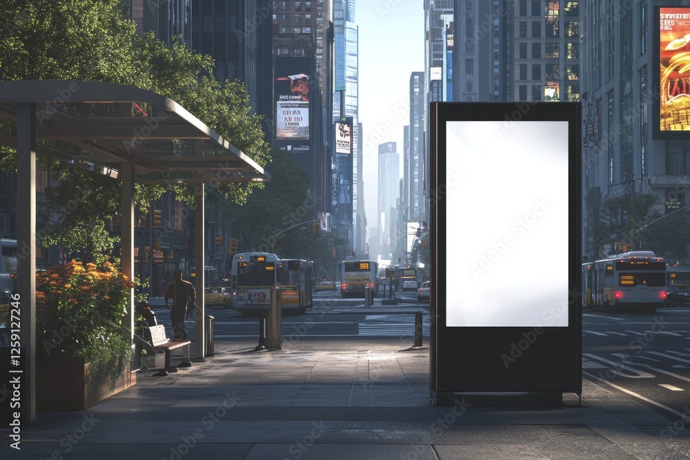 Empty billboard, city street, urban bus stop, morning light Empty billboard, city street, urban bus stop, morning light