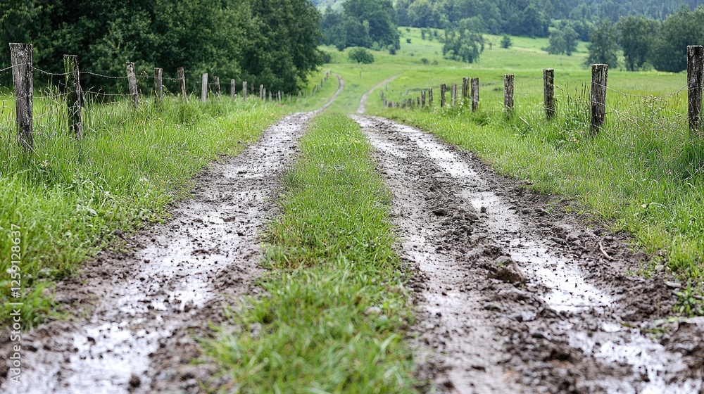 Muddy country road leading uphill, green fields, summer Muddy country road leading uphill, green fields, summer