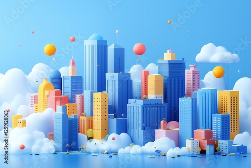 A vibrant, colorful cityscape featuring stylized buildings in various shapes and sizes, surrounded by fluffy clouds and floating spheres. The scene is bright and cheerful, set against a blue sky.