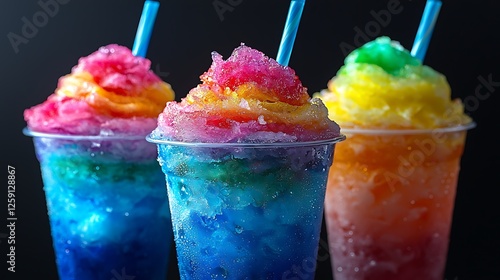 Rainbow shaved ice cups, summer refreshment, close-up. photo