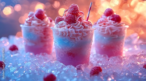 Raspberry dessert cups on ice, festive lights. Food photography for menus or blogs. photo