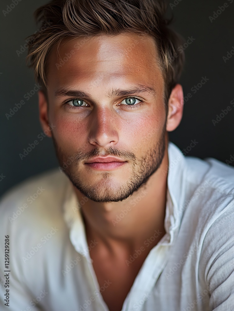 Stunning portrait of a young man with captivating blue eyes and stylish hair against a dark background : Generative AI Stunning portrait of a young man with captivating blue eyes and stylish hair against a dark background : Generative AI