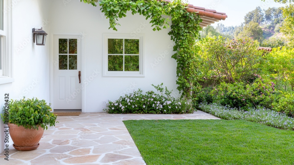 White stucco house exterior with patio and landscaping White stucco house exterior with patio and landscaping