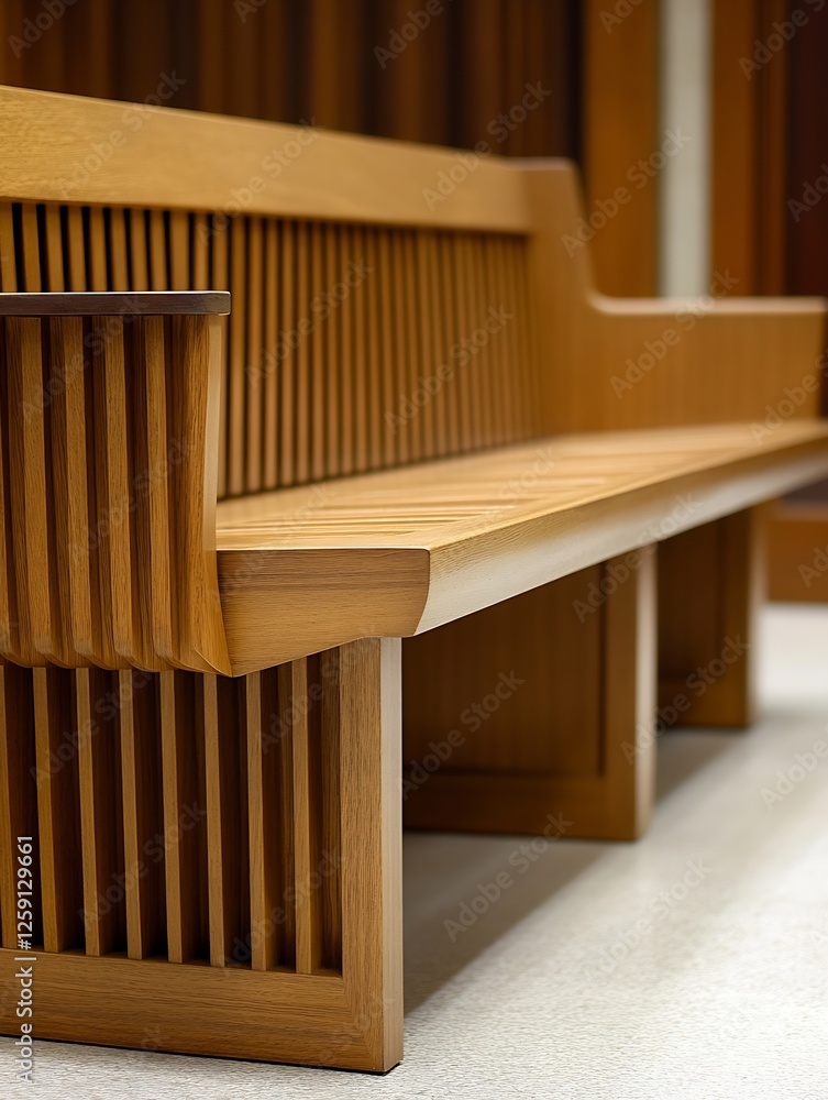 Stylish wooden bench with modern design featuring slatted backrest in a contemporary interior setting : Generative AI Stylish wooden bench with modern design featuring slatted backrest in a contemporary interior setting : Generative AI