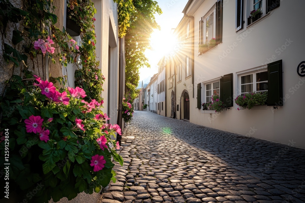 Fototapeta premium Charming cobblestone street lined with colorful flowers and historic buildings at sunset in a quaint village