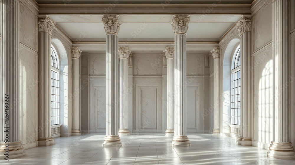 Naklejka premium Sunlit classical hall with marble columns and arched windows.