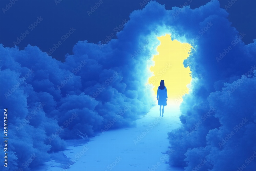 A silhouette of a woman standing at the edge of a bright, glowing portal surrounded by soft, blue clouds. The scene conveys a sense of mystery and wonder, inviting exploration. A silhouette of a woman standing at the edge of a bright, glowing portal surrounded by soft, blue clouds. The scene conveys a sense of mystery and wonder, inviting exploration.
