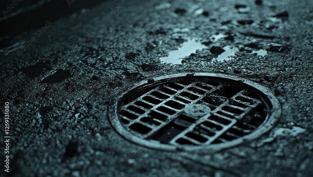 Urban Drainage: A Close-Up of a Wet Manhole Cover on a Rough, Dark City Street Urban Drainage: A Close-Up of a Wet Manhole Cover on a Rough, Dark City Street