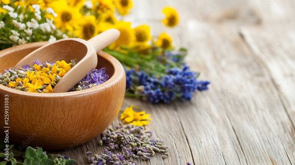Colorful Herbal Mix in Wooden Bowl Surrounded by Fresh Flowers and Natural Elements : Generative AI Colorful Herbal Mix in Wooden Bowl Surrounded by Fresh Flowers and Natural Elements : Generative AI