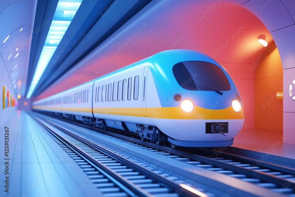 Fototapeta premium A modern high-speed train entering a brightly lit underground station. The train features a sleek design with a blue and yellow color scheme, and the station has vibrant lighting and clean lines.