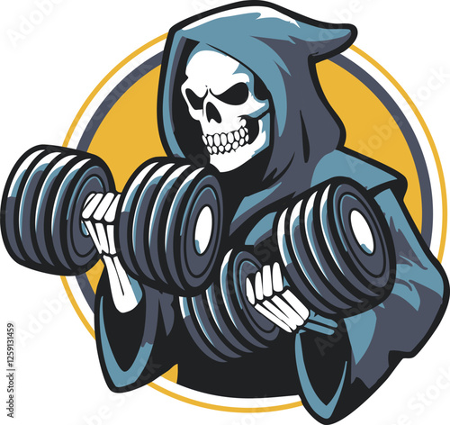 A bold and intense illustration of the Grim Reaper lifting heavy dumbbells, blending fitness and gothic themes in a striking design.