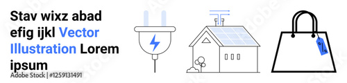Electric plug, eco-powered house with solar panel, and reusable bag with tag highlight green energy, sustainability, and eco-conscious living. Ideal for energy, technology, and eco-lifestyle themes