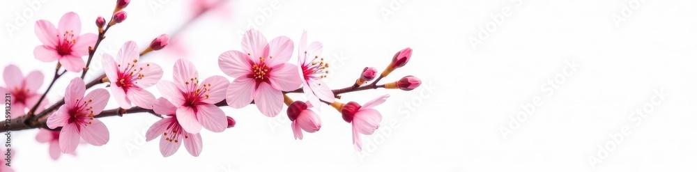 Pink cherry blossom branch isolated against a plain white background with subtle shadows, pink cherry blossoms, colorfull flowers, branches Pink cherry blossom branch isolated against a plain white background with subtle shadows, pink cherry blossoms, colorfull flowers, branches