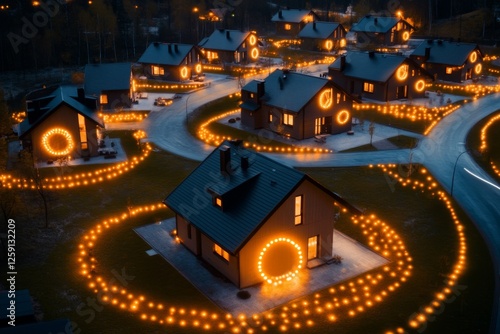 A modern housing compound with neatly arranged identical homes and a community park photo