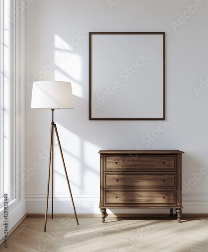 Empty Picture Frame, Wooden Chest, Sunny Interior photo