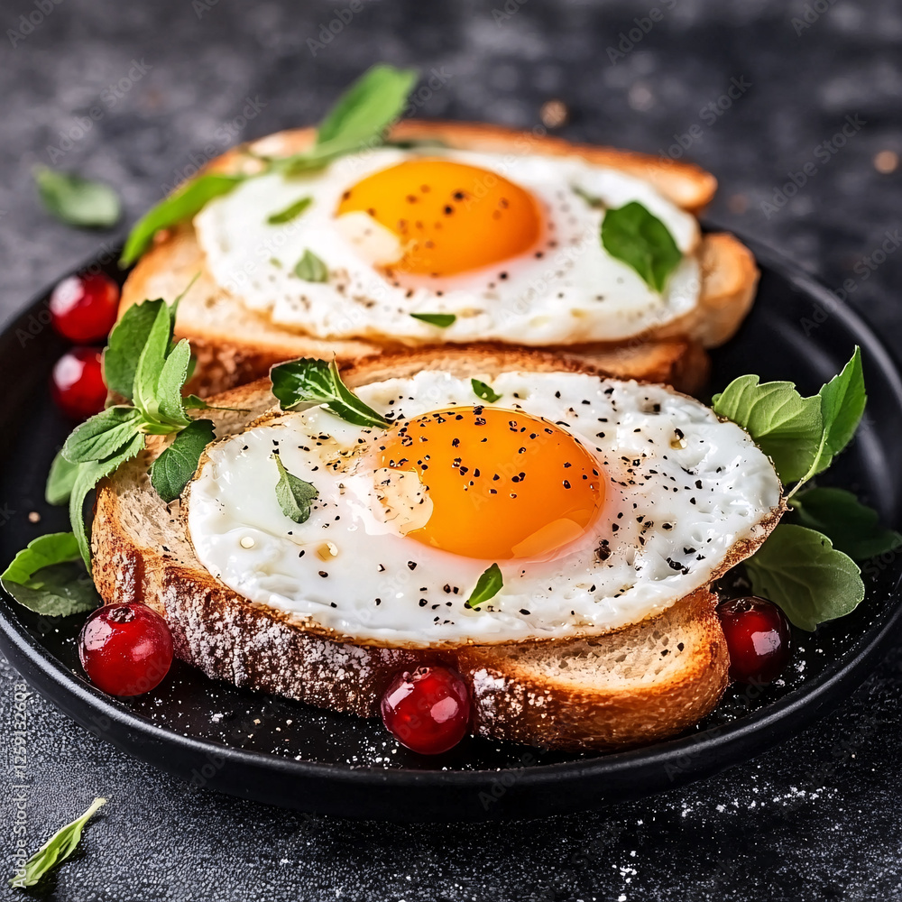 Fried eggs on toast, garnished with herbs and berries, served on a black plate against a dark background. Fried eggs on toast, garnished with herbs and berries, served on a black plate against a dark background.