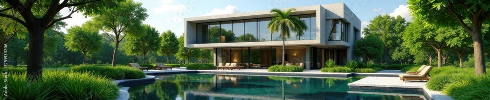 Obraz premium Modern office building surrounded by lush greenery and tranquil water features, , calm ambiance