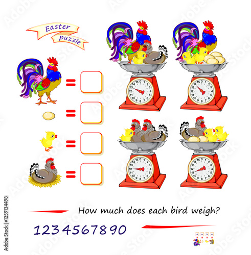 Mathematical logic puzzle game for smartest. How much does each bird weigh? Solve examples and write the numbers. Find solution for all scales. Brain teaser book. Count and play. Vector illustration.