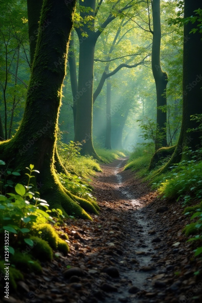 Obraz premium Muddy forest path with moss-covered trees and fallen branches, texture, moss
