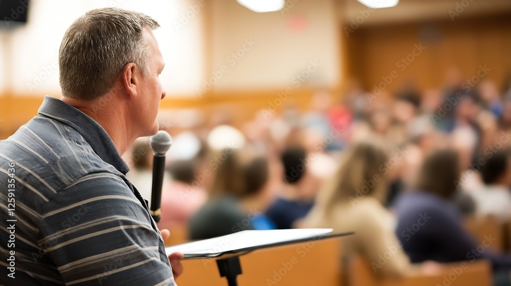 Speaker Engaging Audience in a Public Forum in a Blur Background : Generative AI Speaker Engaging Audience in a Public Forum in a Blur Background : Generative AI